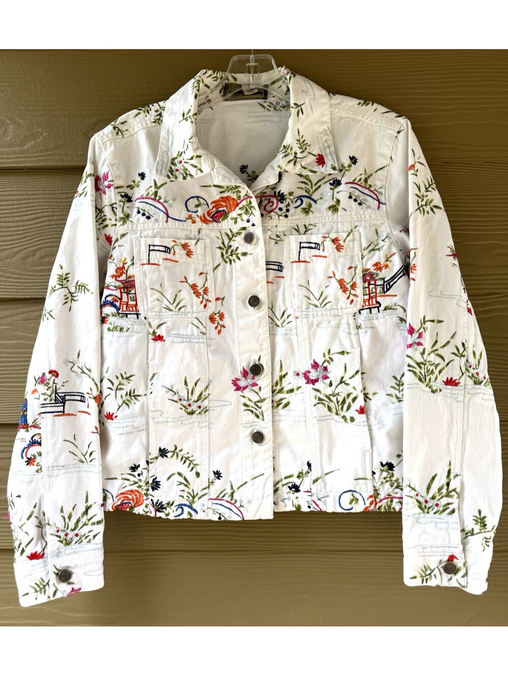 Conrad C Proportion Petite Weekend Women's White Denim Embroidered Jacket Sz 12P